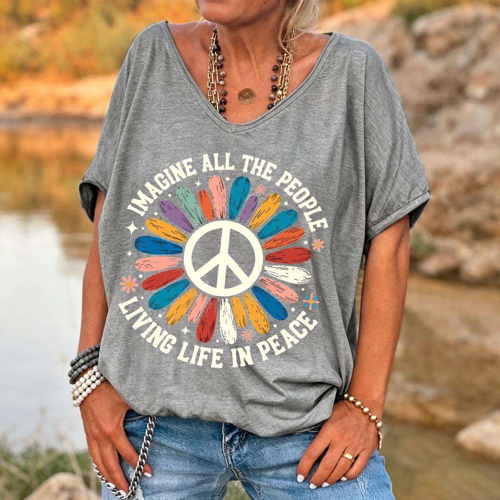 Ilstile Women's Imagine All The People Peace Sign T-Shirt Retro Hippie Flower Print V-Neck Loose Fit Casual Summer Top