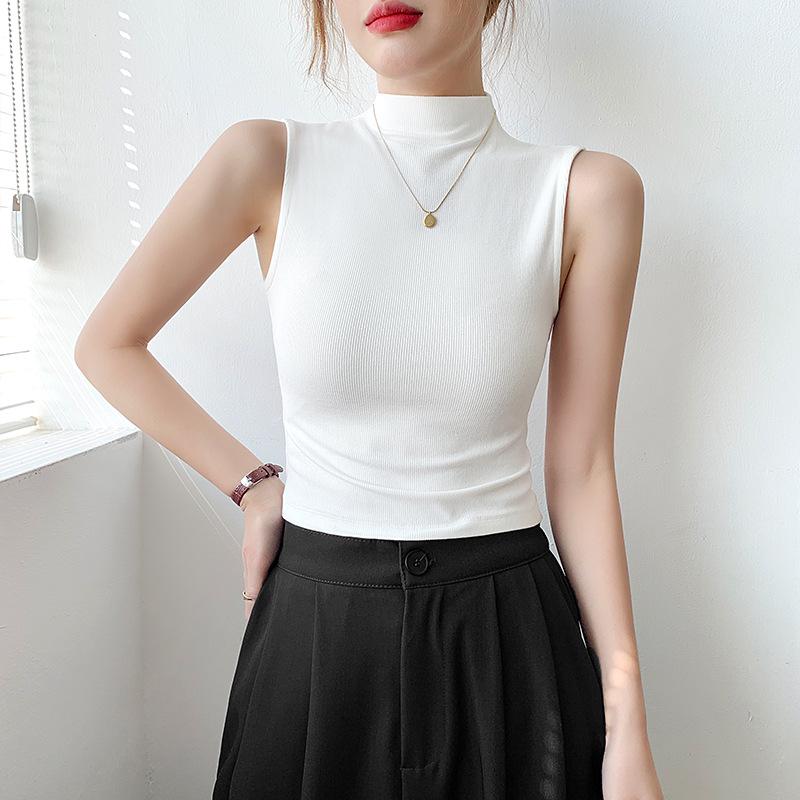 

Черный рубчатый кроп-топ без рукавов с воротником-стойкой - 2025 Весна/Лето Приталенный Универсальный Однотонный L (102-114 lbs) белый