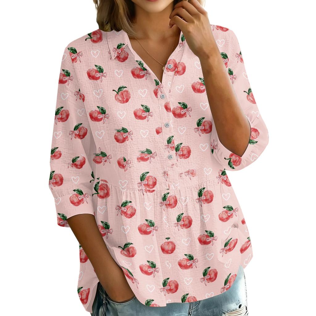Damen Knopfleiste Hemd Vintage Blumenmuster Dreiviertelärm Lockerer Schnitt Bluse mit Kragen Lässig Leichtes Oberteil