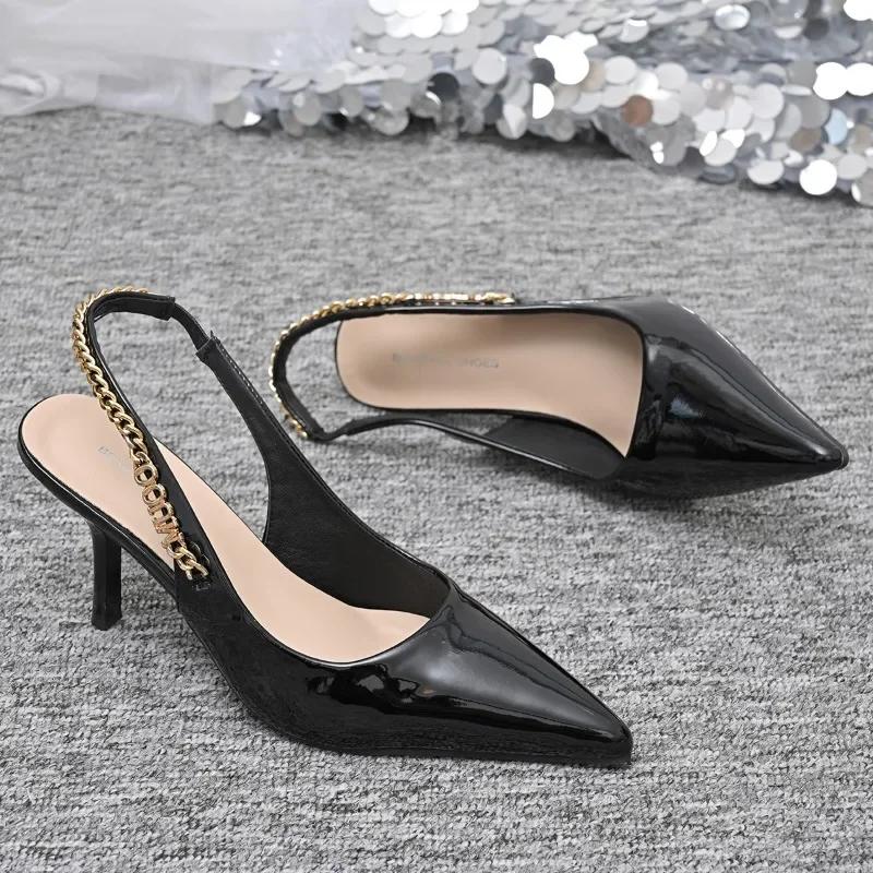2025 Pointed Toe Women's Sandals Slingbacks Chain Metal Decoration Thin Heel Slip on Pumps Fashion Party Dress Heeled Sandals