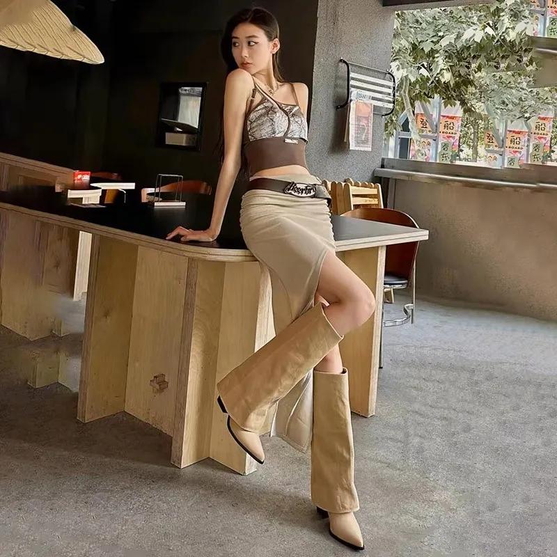 Women Pointed Toe High Boots Fashion Sexy Mid Heels Shoes Woman Chunky Trend Chelsea Boots Pumps Elegant Mujer Snow Goth Botas