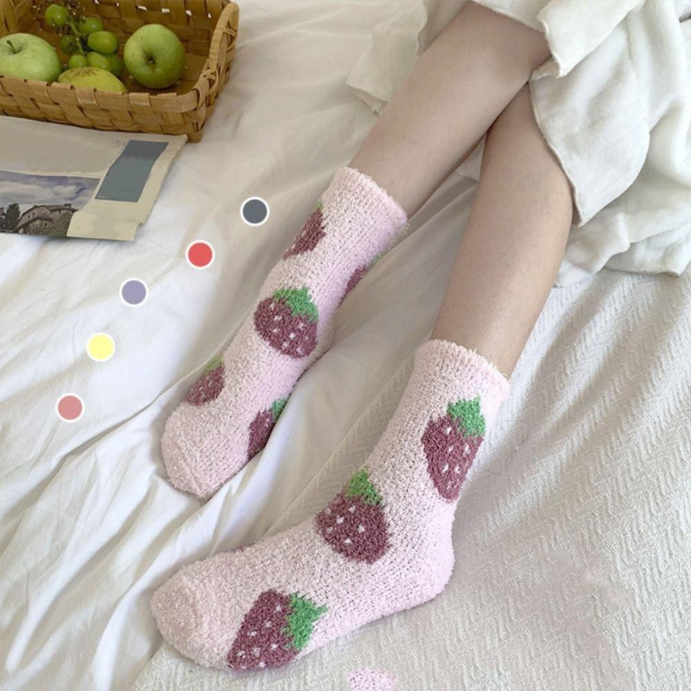 Thickened Floor Plush Socks Flower Strawberry Warm Socks Women Sweet Coral Fleece Socks  Autumn