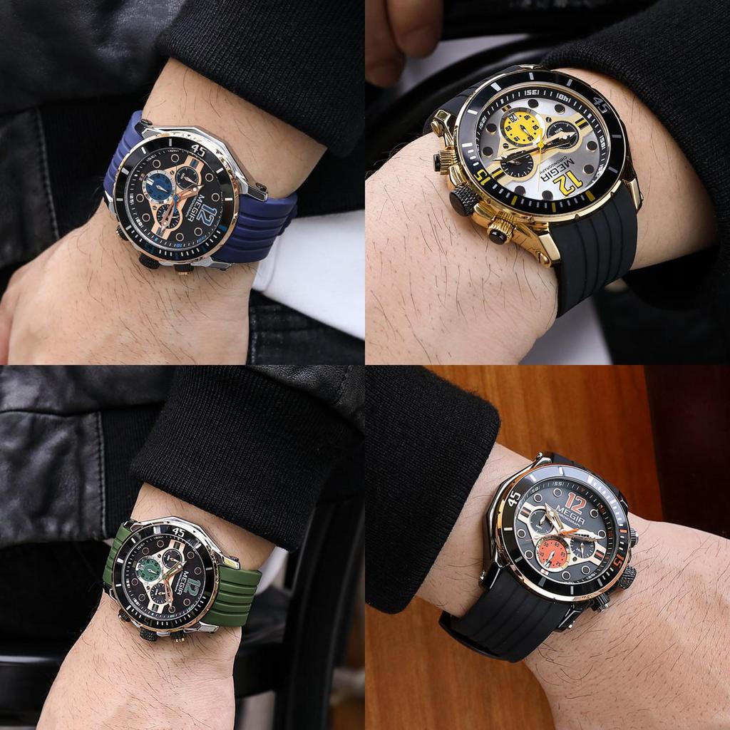 Megir Herren-Business-Arbeits-Analog-Quarz-Armbanduhr mit Edelstahlband, Kalender, Stoppuhr, leuchtend, für die Sammlung