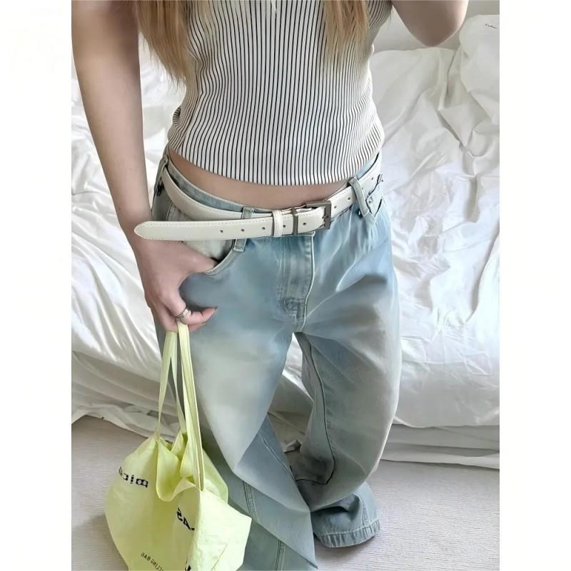 Minimalist White PU Leather Belt Women Slim Fit Alloy Buckle Clean Aesthetic Versatile Office Casual Wear