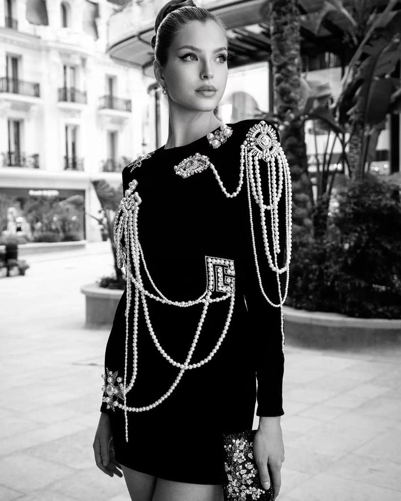 2024 Euro-American Beaded Sleeve Slim Bodycon Mini Dress