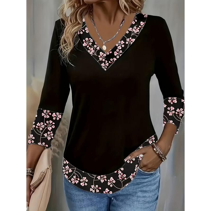 Women s V-neck color blocked printed elegant long sleeved T-shirt S