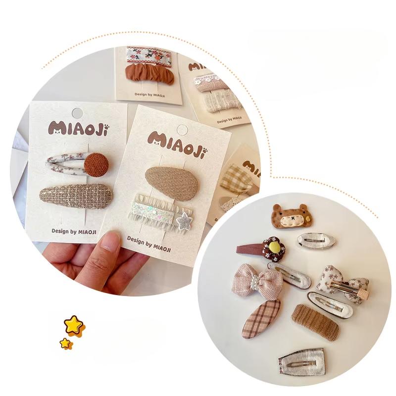 2pcs Coffee Plaid Embroidered Bow Hairpin Version of Children's Bangs Broken Hair BB Baby Headwear Girls Kids Hair Accessories