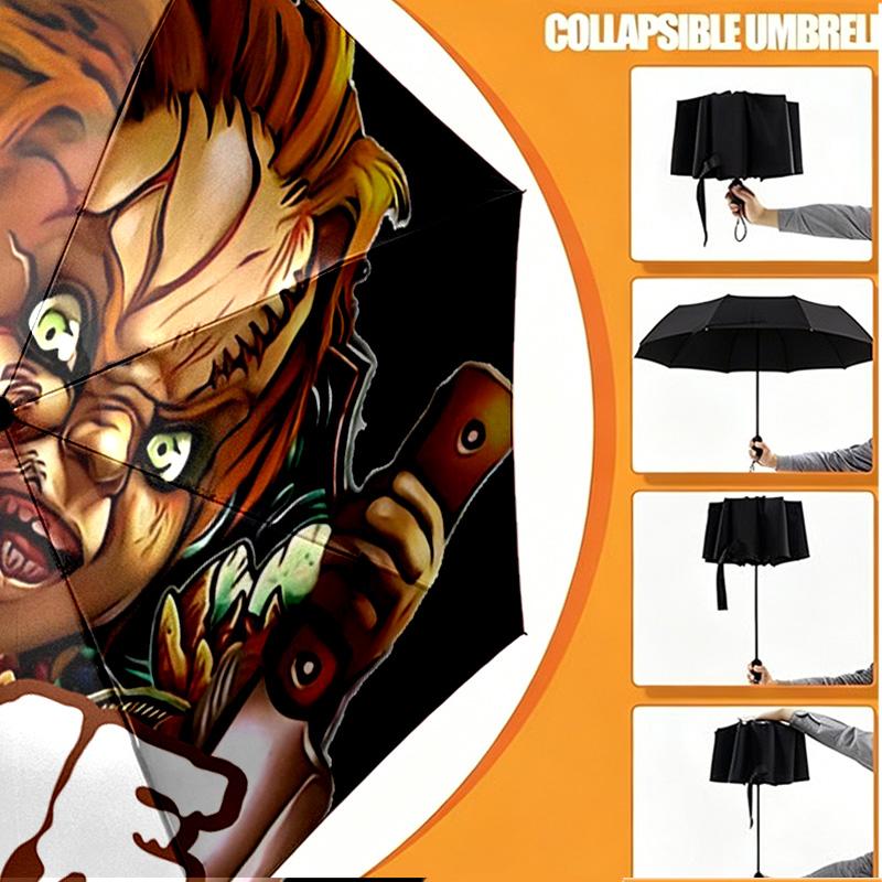 Custom Name Personalized Bride of Chucky Print Umbrella, Auto Open Close, 8‑Rib Sturdy Frame, Commute Camping Hiking Use, Birthday Gift