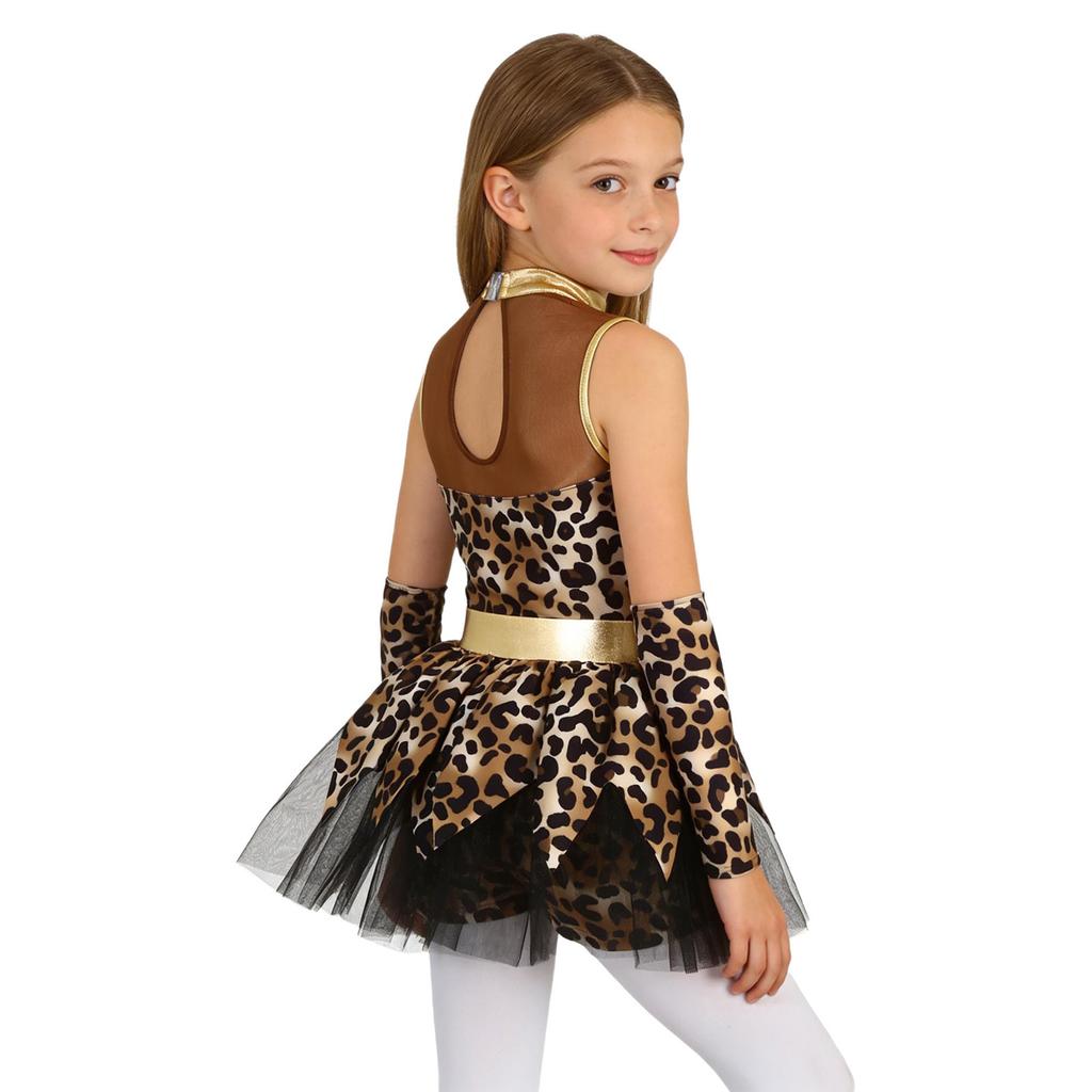 Girls Caveman Cosplay Leopard Pattern Jumpsuit Gloves Mesh Metallic Shiny Patchwork Sleeveless Tutu Skirt