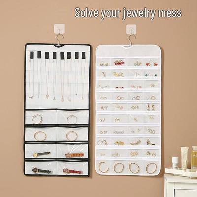 Double-Sided Non-Woven Jewelry Organizer: 80-Compartment Hanging Bag for Earrings and Small Items, Dustproof Storage Solution.