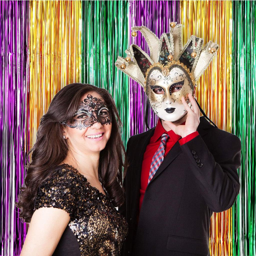 2 Pack Mardi Gras Foil Curtains Metallic Fringe Curtains Shimmer Curtain for Birthday Wedding Party Mardi Gras Party Decorations