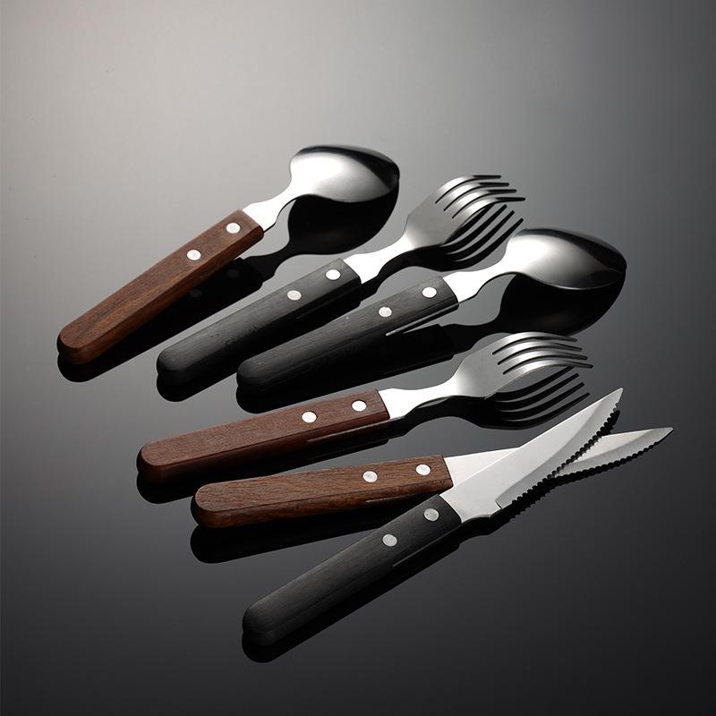 Stainless steel handle knife, fork, spoon, western tableware 3 main pieces rosewood handle steak knife and fork hotel retro meal