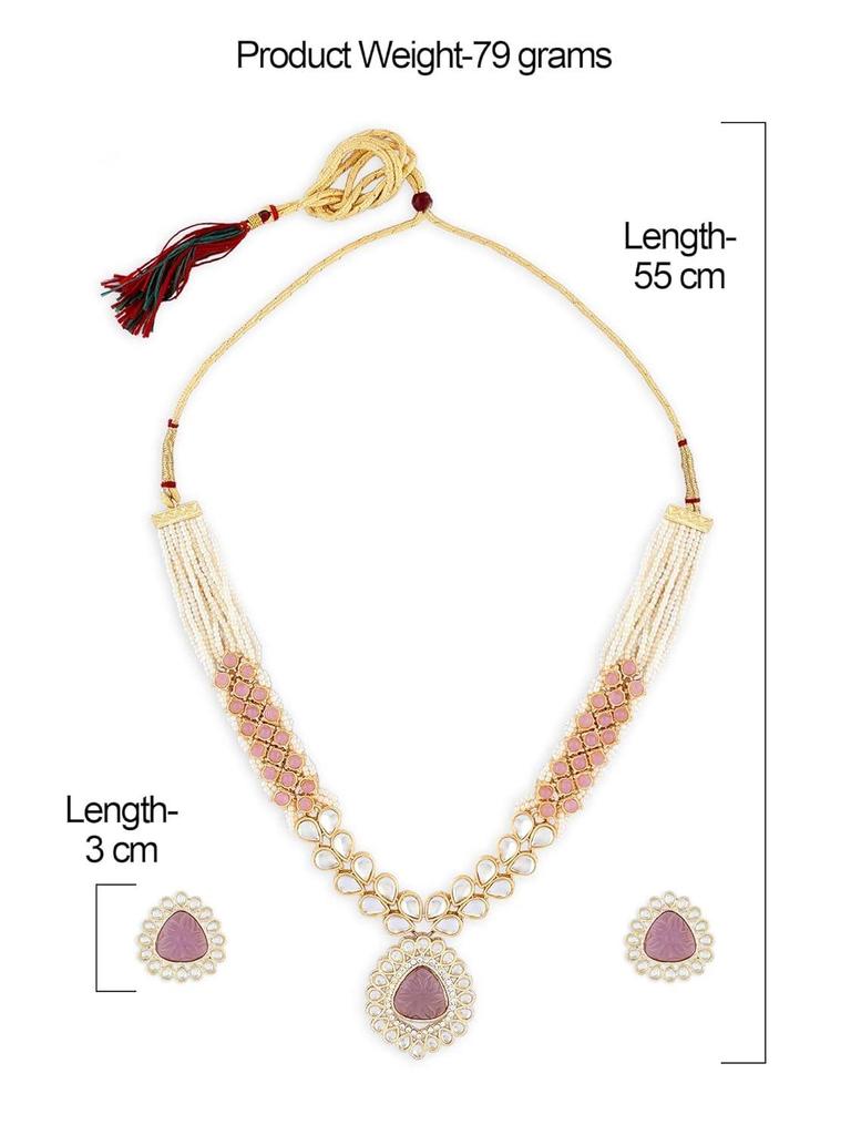 Pink Purple Stones Embellished Kundan Necklace Earring & Ring Set For Women