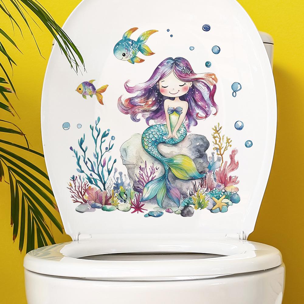 Cartoon Mermaid Coral Seaweed Bathroom Toilet Toilet Stickers for Home Beautification and Decoration