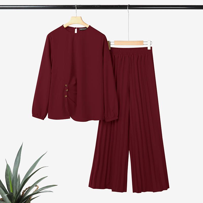 

ZANZEA Женская блузка с длинным рукавом и брюки повседневный комплект из двух частей 5XL вино красного