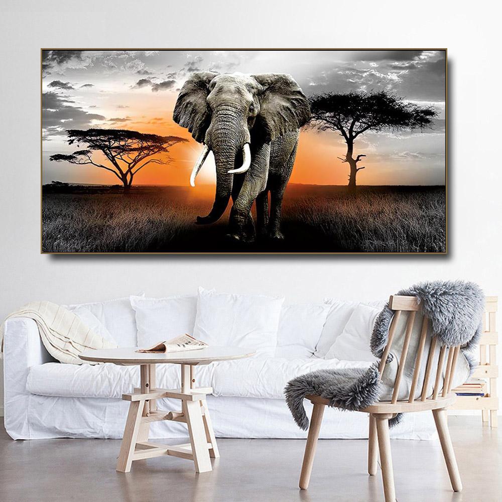 1 Piece Walking Elephant Sunset Africa Grassland Scenery Canvas Painting Posters And Prints Wall Art Picture Home Decor No Frame No Frame