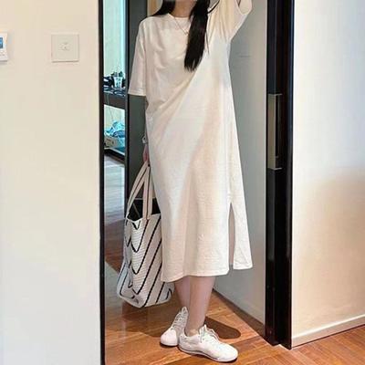 Damen Kurzarm Midi Kleid Sommer Casual Rundhals Hemdkleid Locker Strand Shift Schlitz Langes Kleid