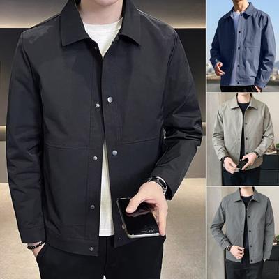 Men Jacket Lapel Long Sleeve Button Closure Jacket Coat with Side Pockets Spring Autumn Solid Color Casual Outwear