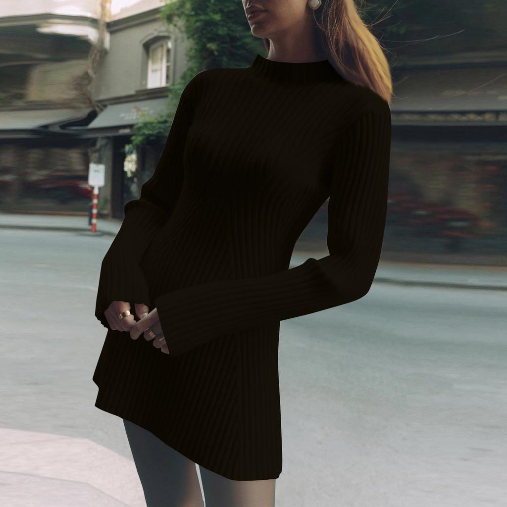 Dámské jednobarevné temperované šaty s volným svetrem a kulatým výstřihem