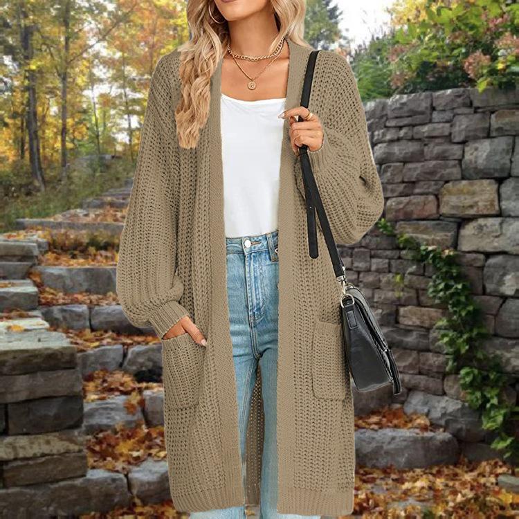 Solid Color Women's Knitted Mid-length Cardigan with Pockets