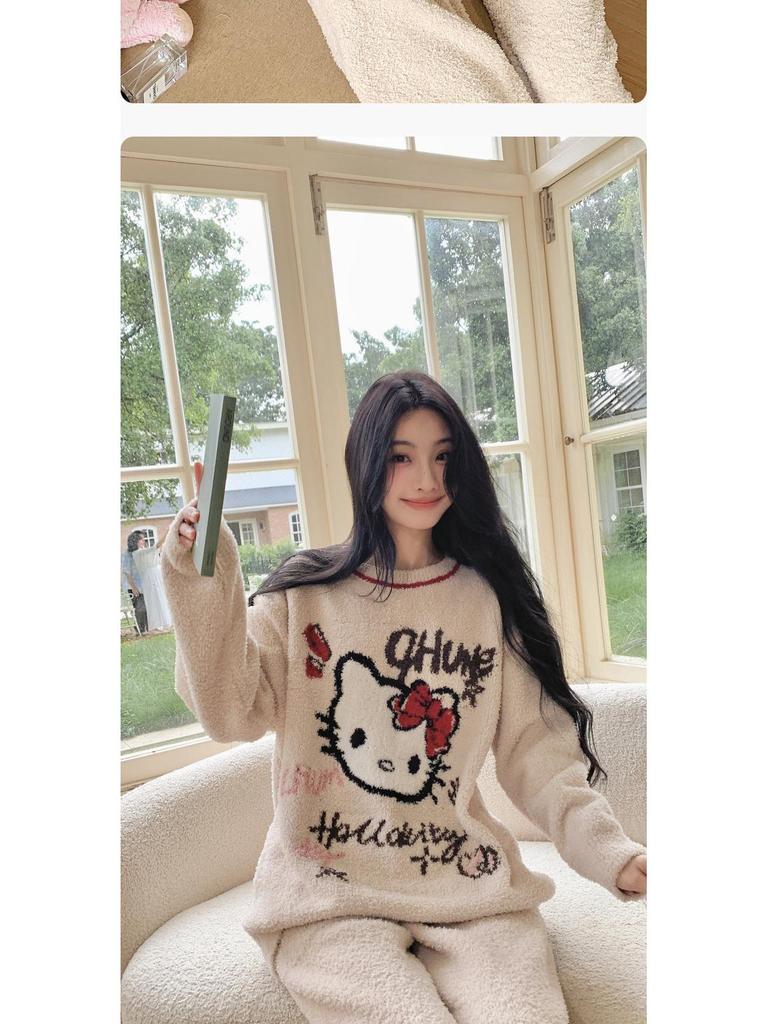 2025 Autumn/Winter Women's KT Cat Thickened Velvet Pajamas Set - Warm Long-Pile Fleece Homewear
