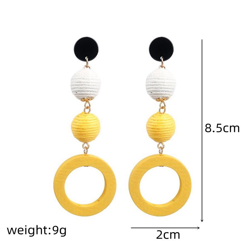 Minimalistic Hemp Rope Ball Dangling Drop Earrings for Women Yellow Color Sweet Cut Out Circle Statement Ladies Jewelry Earrings