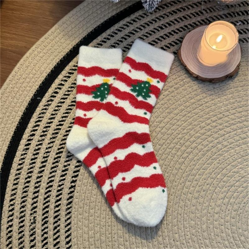 Coral Fleece Floor Crew Socks Christmas Pattern Winter Thermal Warm Fuzzy for Women Men Winter Indoor Slipper Hosiery