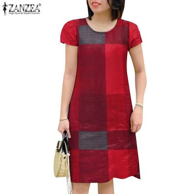 Womens Summer Round Neck Short Sleeve Grid Print Dress