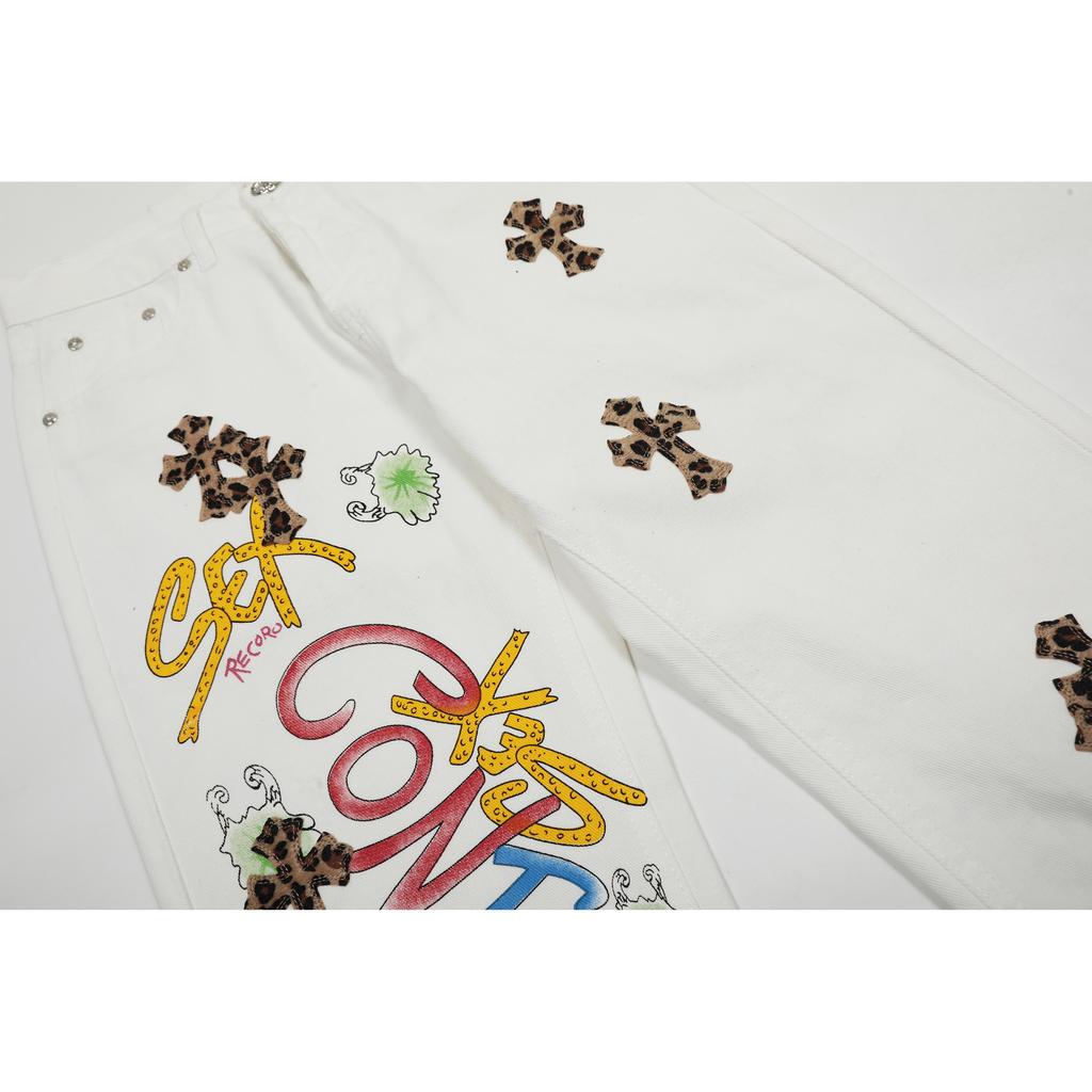 7704 CHROME HEARTS Pánské a dámské trendy džíny v americkém stylu s látkovými nášivkami, ležérní a módní high street kalhoty
