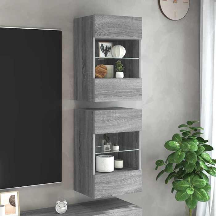VidaXL Wall-Mounted Furniture with LED Lights for TV 2pcs, Hanging TV Cabinets with Shelf, Floating TV Furniture 837089