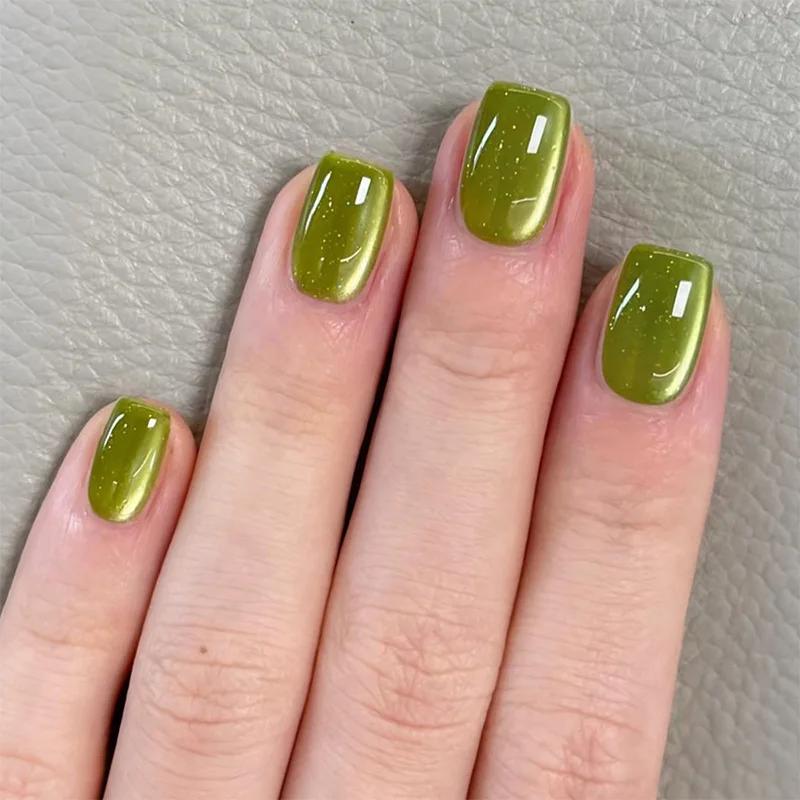 

24PCS Pure Glitter Cat Eye False Nails with Simple Designs Glossy Short Square Press on Nails Full Cover Wearable Nail Tips Art