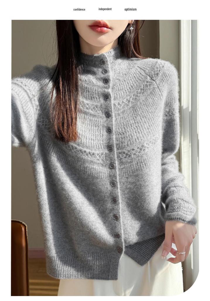 Women's Hollow Crochet Wool Knit Cardigan Sweater with Stand Collar - Autumn/Winter Temperament
