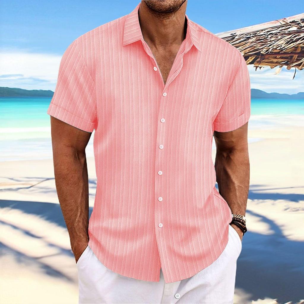 Herren Gestreiftes Baumwoll-Leinen Kurzarm Jacquard Freizeit Hemd