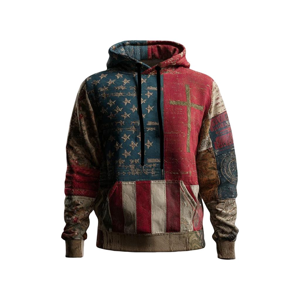 Men's Vintage Casual American Flag Cross Hoodie Patriotic Shirt