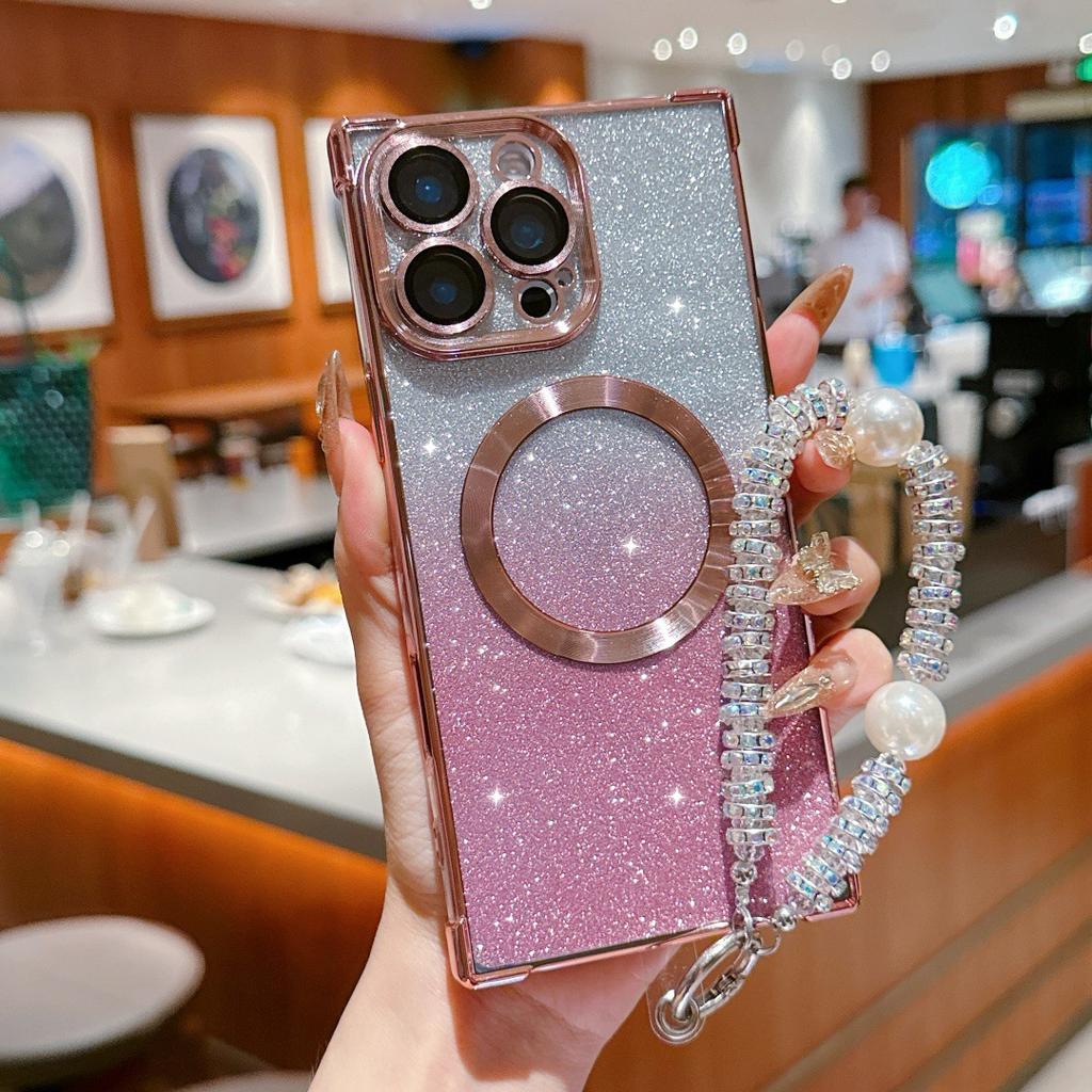 Electroplated magnetic glitter mobile phone case is suitable for Apple 16PRO pearl bracelet 14/13 right angle anti-drop protective cover