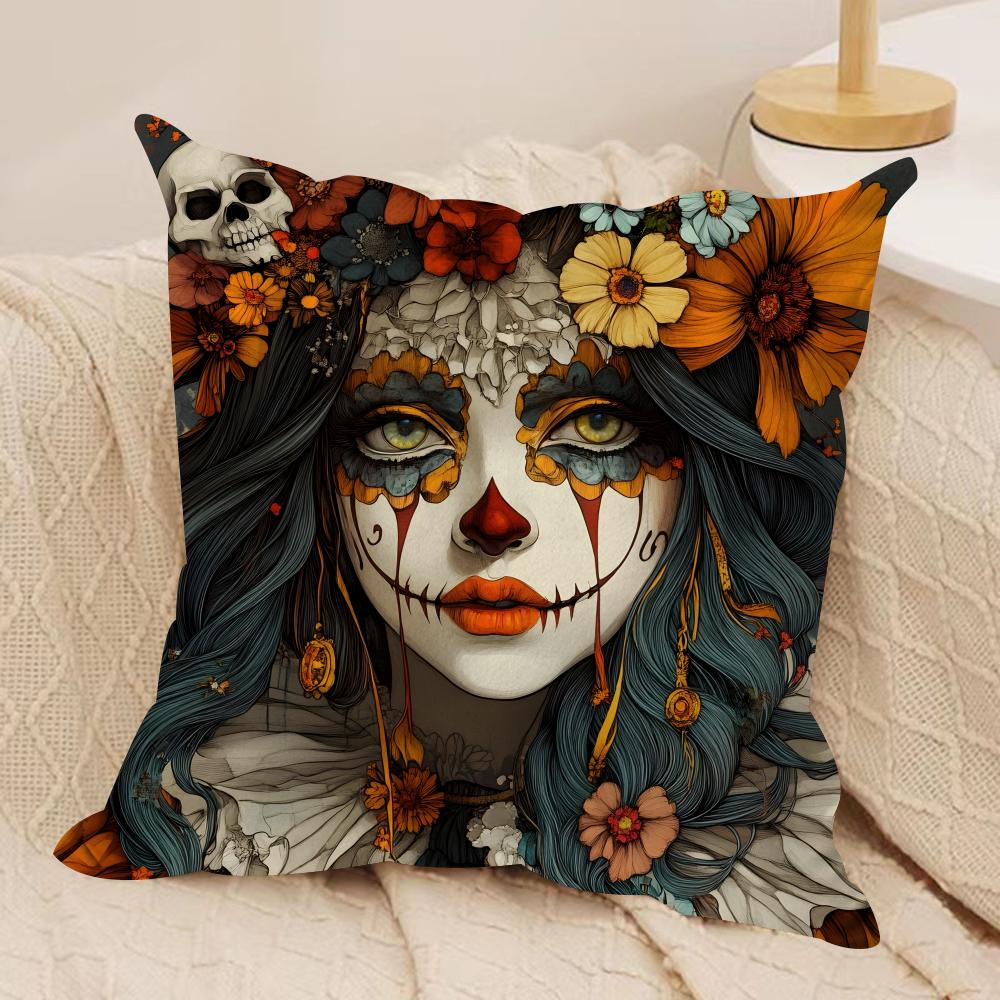 Sugar Skull Girl Cushion Cover Soft Plush Fabric DoubleSided Printed Sofa Cushion Cover for All Seasons Home Decor Gift