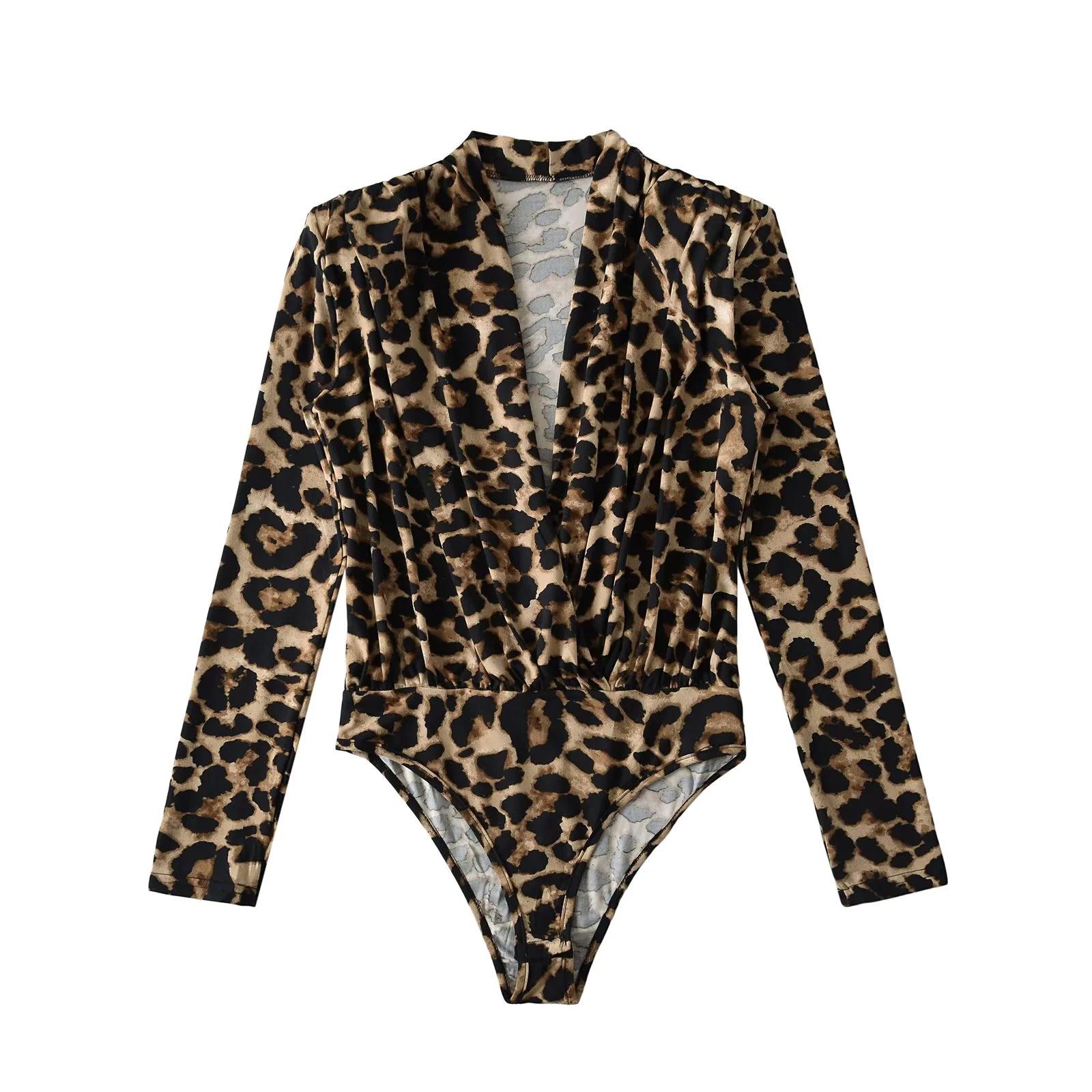 

Leopard Print Deep V-Neck Padded Shoulder Jumpsuit with Waist-Cinched Long Sleeves Medium леопард друку кольору