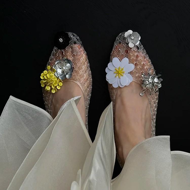 Niche Model~ Korean Version of the New Transparent Crystal Shoes Women's Pointed Pointed Hollow Flower Decoration DIY Hole Sandals Flat Shoes Women