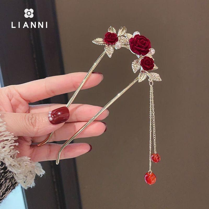 New Chinese Style Rose U Shape Hairpin Women Hanfu Cheongsam Tassel Ancient Style Hair Accessories