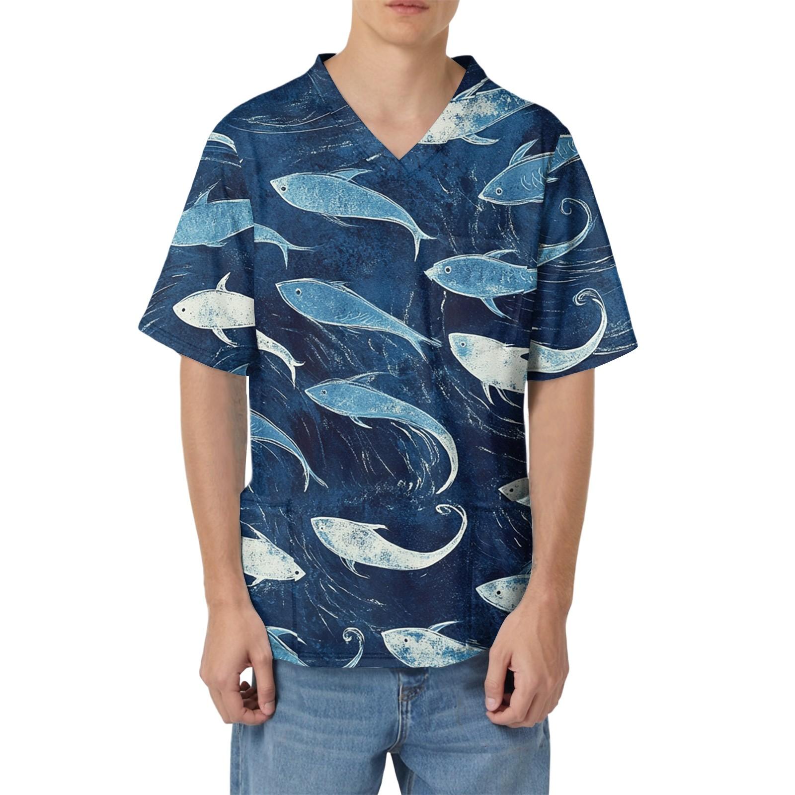 

Мужская рабочая блузка с короткими рукавами и v-образным вырезом с принтом, топ с нагрудным карманом XXXL тёмно-синий