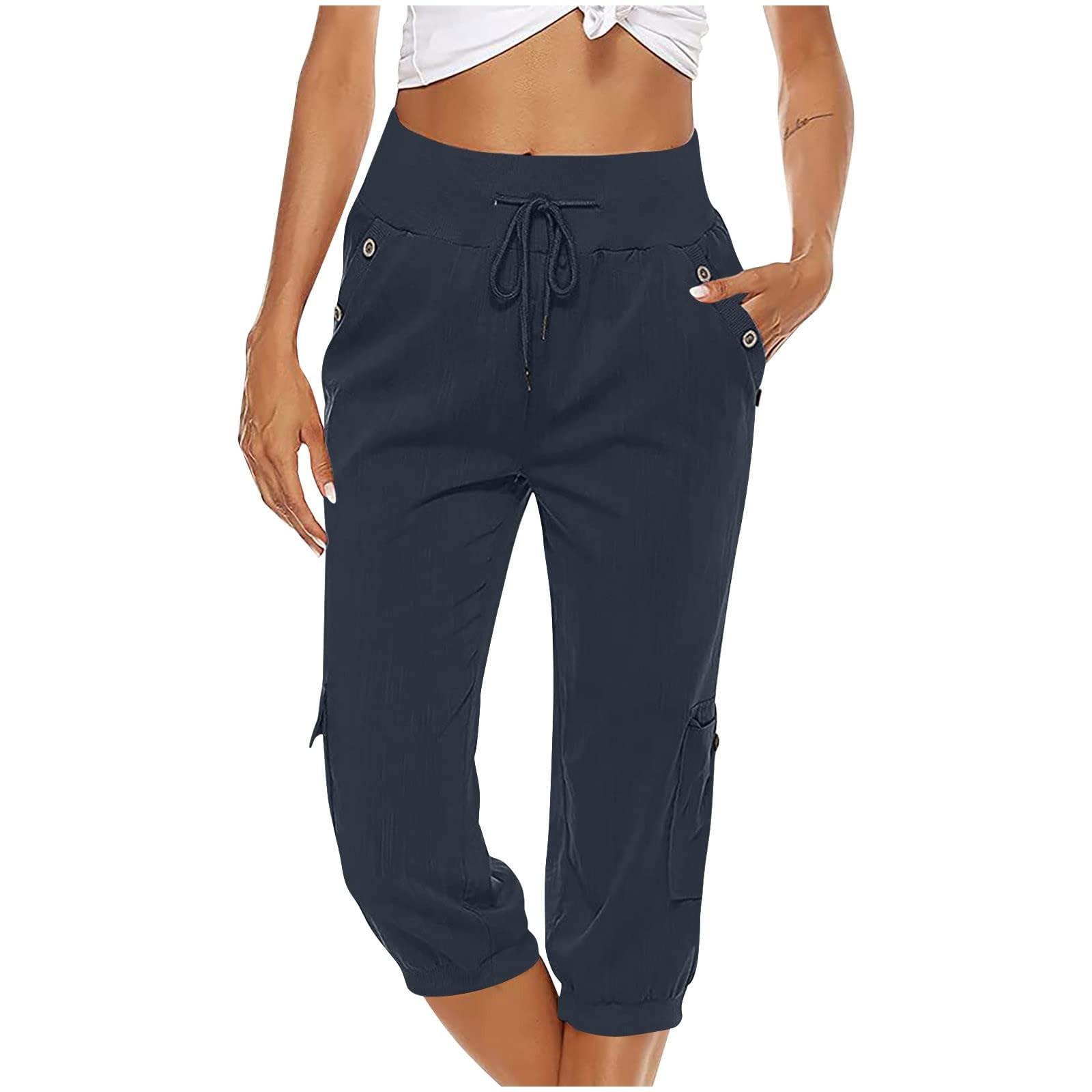 

Women s Elastic Waist 3/4 Pants With Pockets Cotton Linen Casual Loose Yoga Trousers Jogger Pants XXL Темно-синій