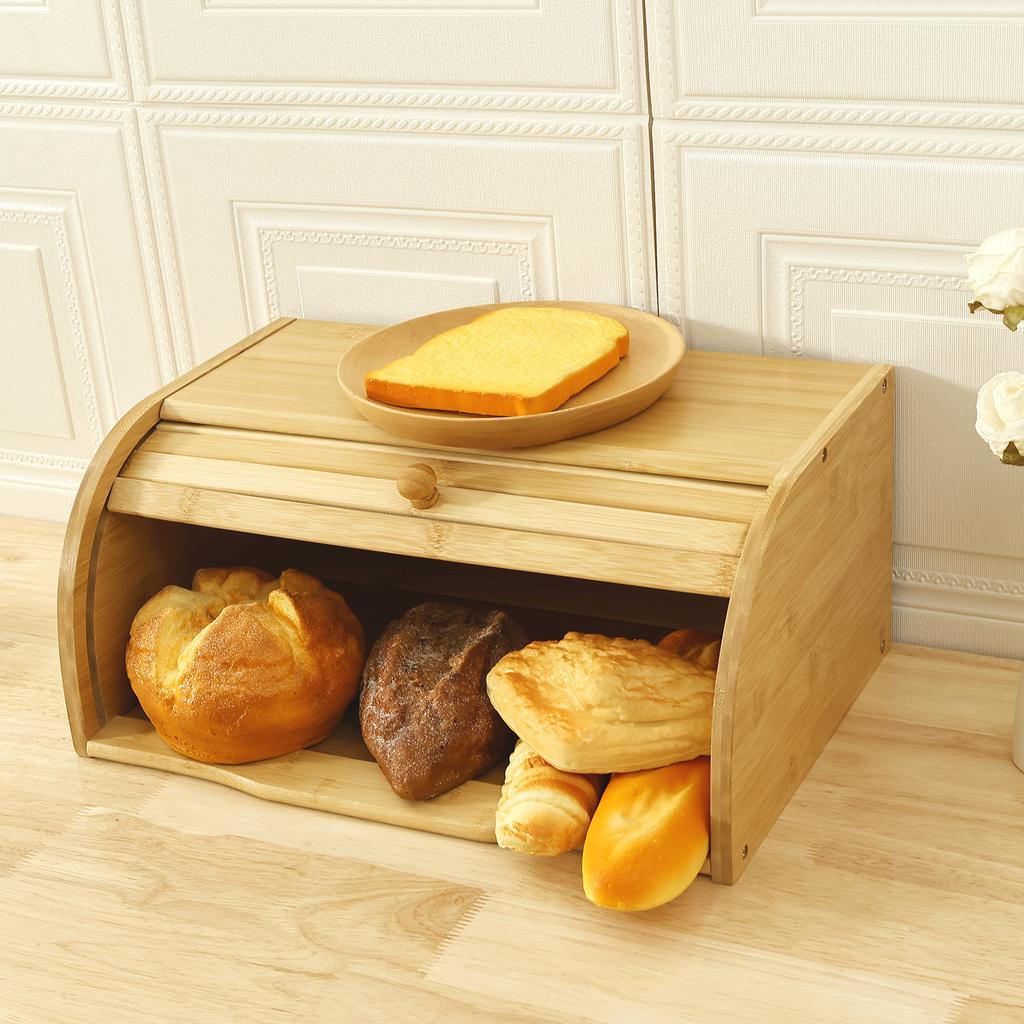 Bamboo Bread Storage Box Large Capacity Kitchen Countertop Bread Container with Roll Top Lid Bagels Storage Bin for Cookies