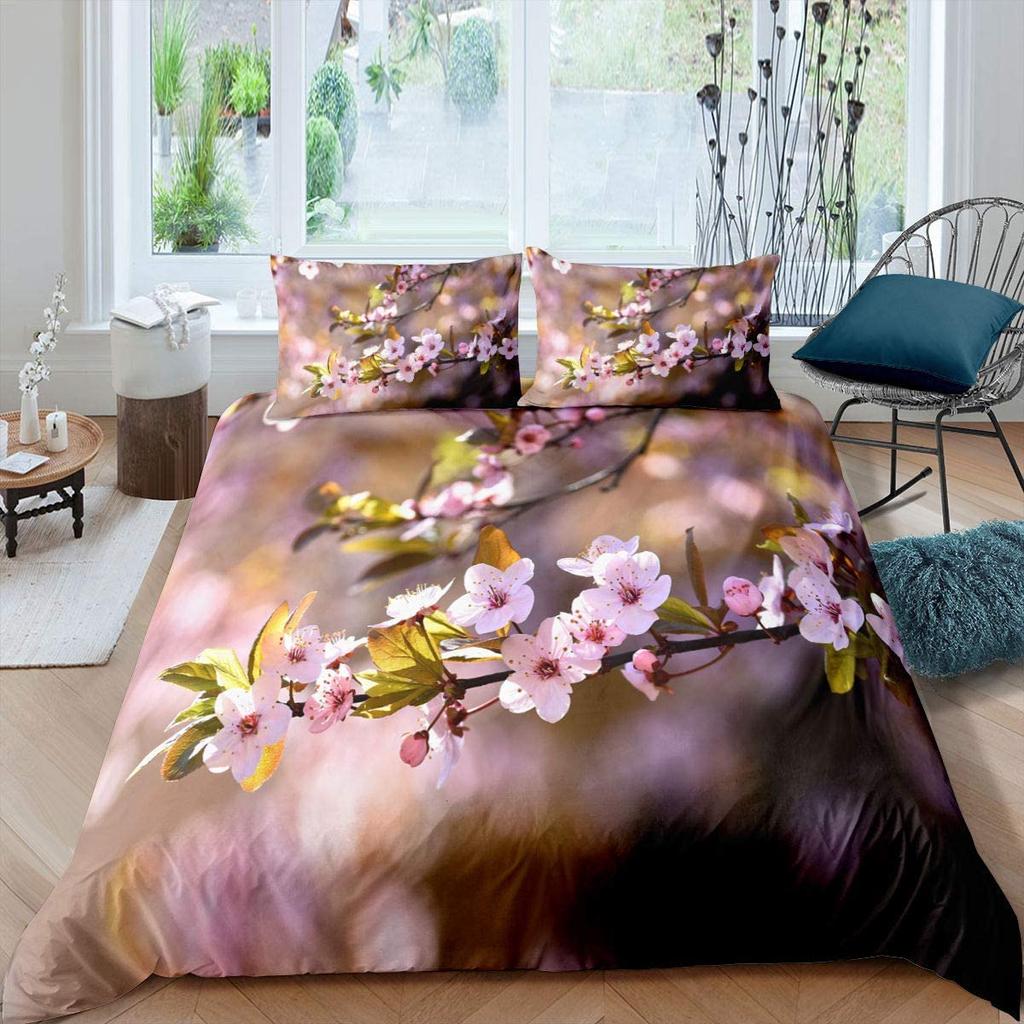Cherry Blossoms Bedding Set Pink Floral Comforter Cover For Girl Teen Women Petal Flowers Duvet Cover Microfiber Bedspread Cover