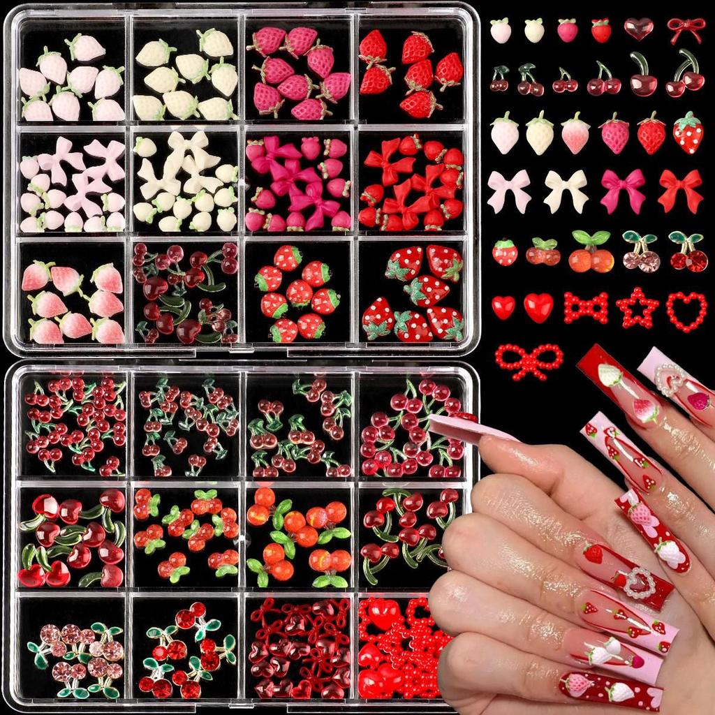 2025 3D Mini Resin Nail Art: Cream Strawberry & Translucent Cherry Fruit Cartoons