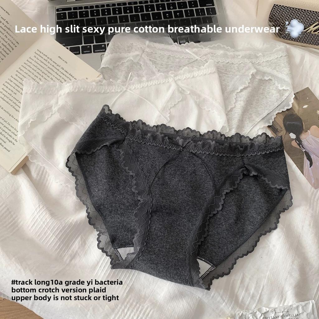 Female Spring and Autumn Sexy Pure Desire Lace Edge Bowknot Pure Cotton High Split Triangle Briefs