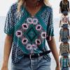 Frauen Retro Print Tribe Geometrische Print V-ausschnitt Kurzarm T-shirt Top Blusen