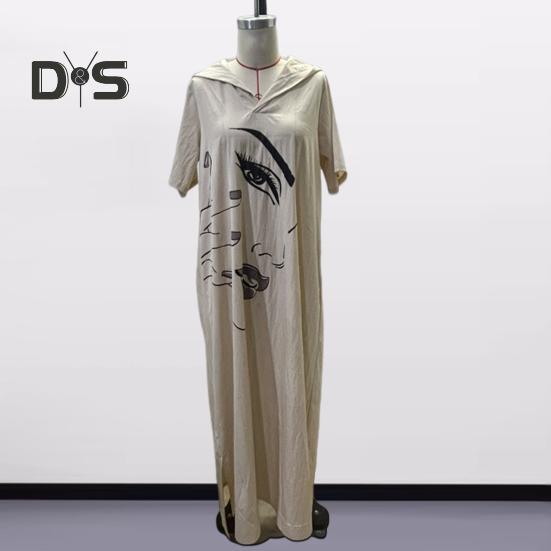 Women Dress Face Print Loose Hooded Drawstring Bohemian Short Sleeves Urban Style Slit Hem Pullover with Side Pocket Mid-calf Length Midi Dress