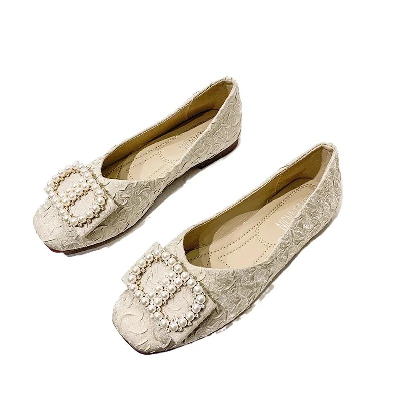 

Fashion 2024 New Spring and Autumn Square Head Shallow Women s Shoes Low Heel Fashion Soft Sole Women s Shoes Flat Pearl Single Shoes 35 бежевый