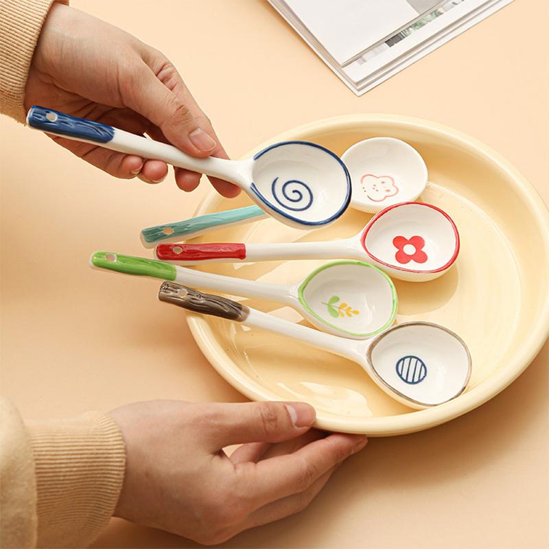 Kawaii Flower Ceramic Soup Spoon Cute Korean Ice Cream Hand Painted Coffee Dessert Long Handle Spoon Kitchen Accessories