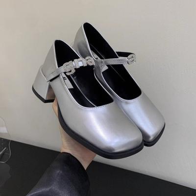 Fashion Mary Jane Shoes 2024 New Women's Spring and Summer Thick Heel Women's Square Toe Elegant Medium Heel Gold Silver Formal Shoes